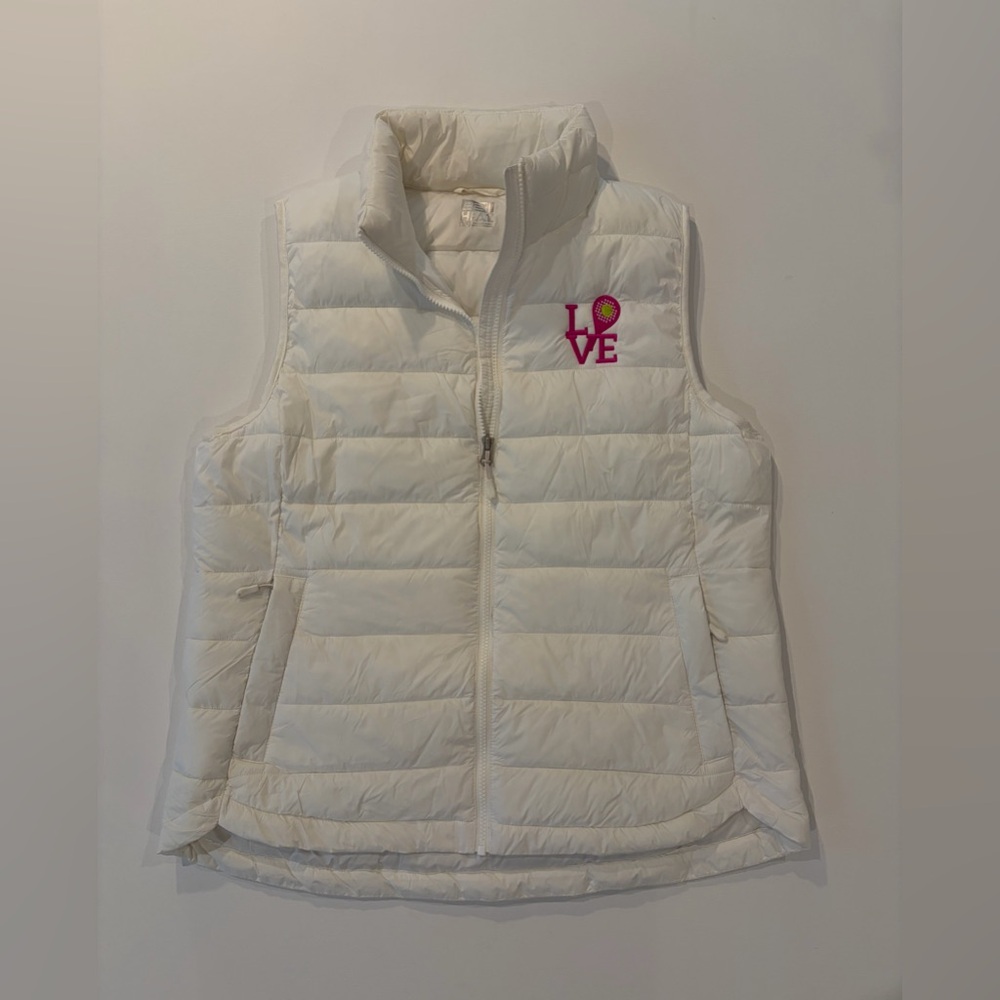 32 Degrees Tennis Custom LOVE White Sleeveless Puffer Vest Large Zipped Pockets